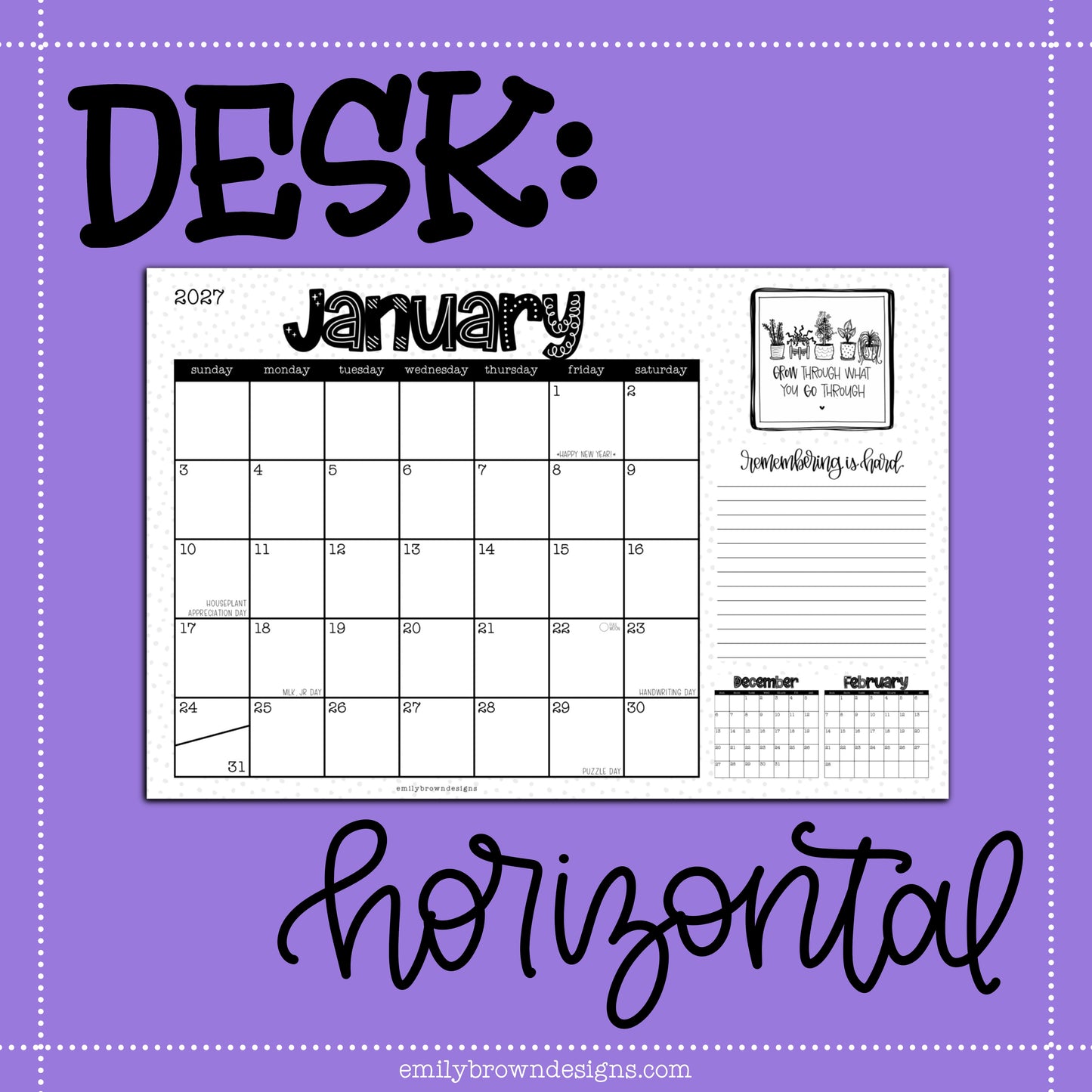 2027 Desk Calendar - HORIZONTAL